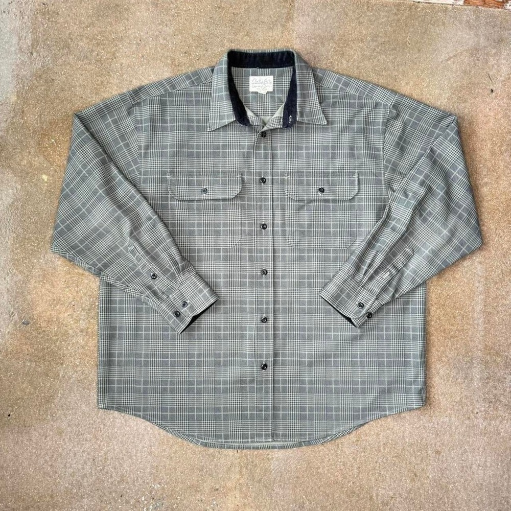 Cabela's Mens XL Grey Plaid Button Down Shirt Corduroy Collar Long Sleeve Heavy
